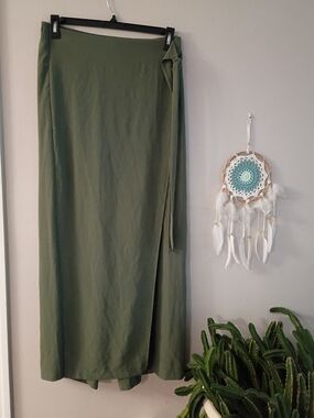 Women's Olive Wrap Maxi Skirt/Pants with Side Tie